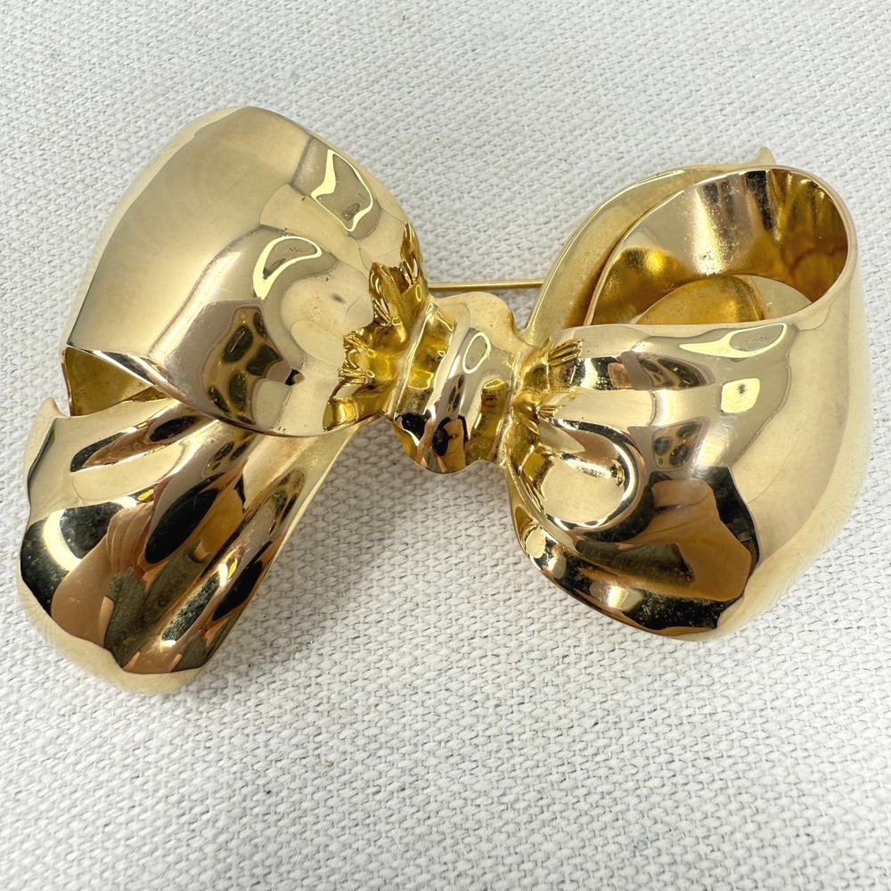Monet Bow Brooch Pin 3" Statement 3D‎ Puffy Ribbon Gold Tone Large